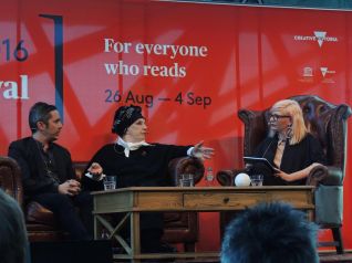 Hosting 'Brett Whiteley: Art, Life and the Other Thing', with Wendy Whiteley and biographer Ashleigh Wilson, at the 2016 Melbourne Writers Festival.